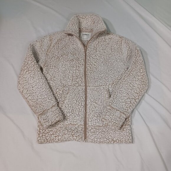 Express Sherpa Jacket Womens White Beige XS/TP Fleece Full Zip Mock Neck - Picture 1 of 11